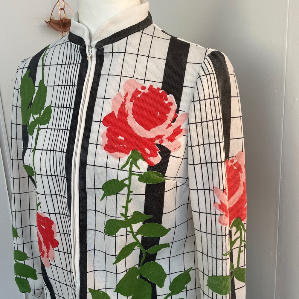 Vintage 60s 70s Vera Oversized Floral Rose Print Statement Half Zip Shirt - Picture 2 of 11
